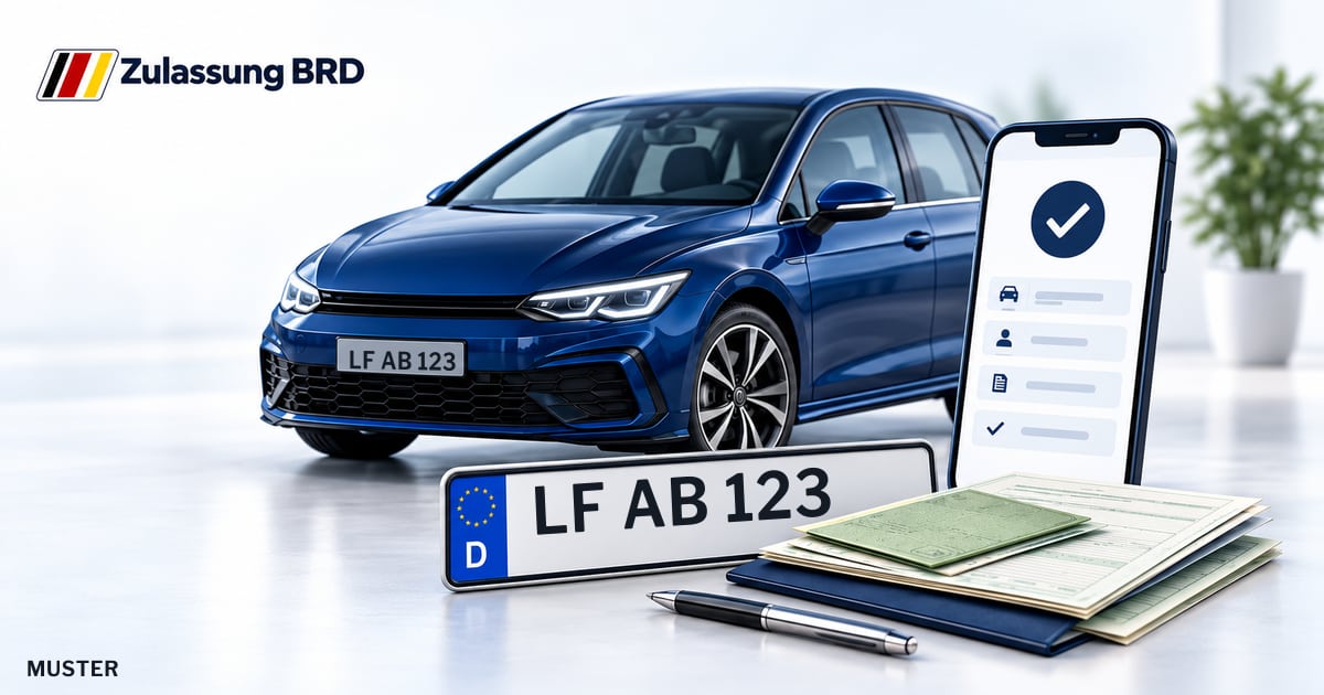 Online Fahrzeugzulassung in Bad Reichenhall: Musterkennzeichen LF AB 123, Auto und Fahrzeugpapiere und Smartphone. Illustration mit Logo von Zulassung BRD.